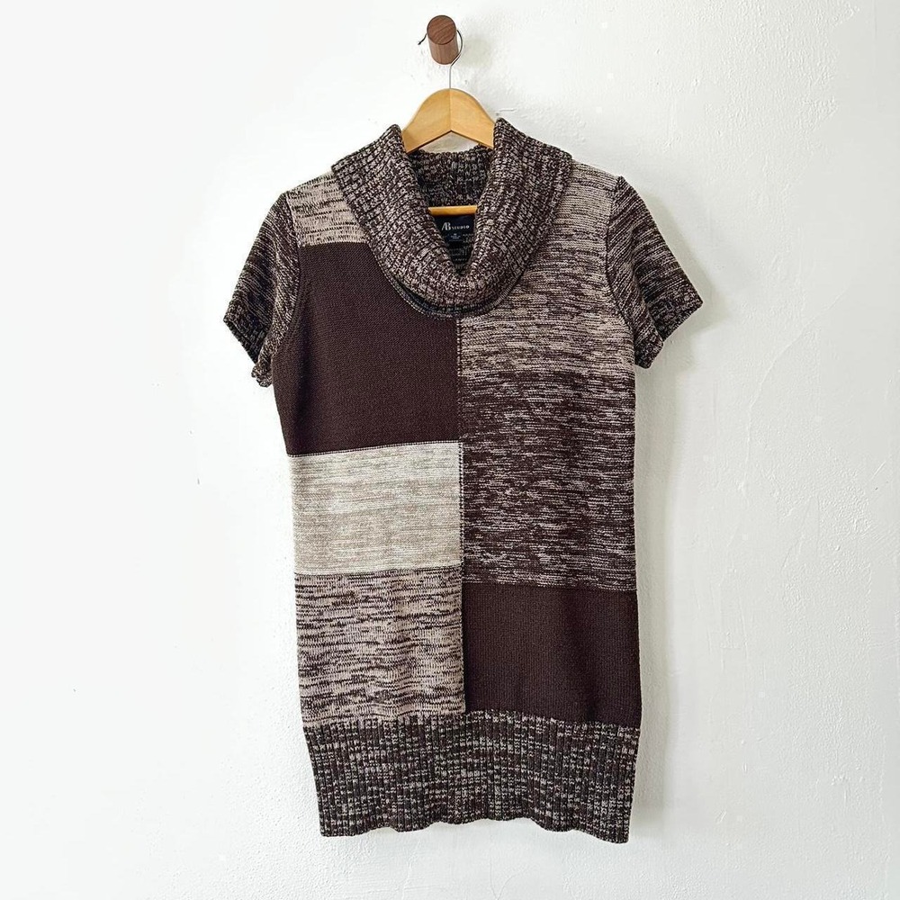 AB Studio Sweater Women Medium Brown Colorblock Cowl Neck Short Sleeve Knit Top
